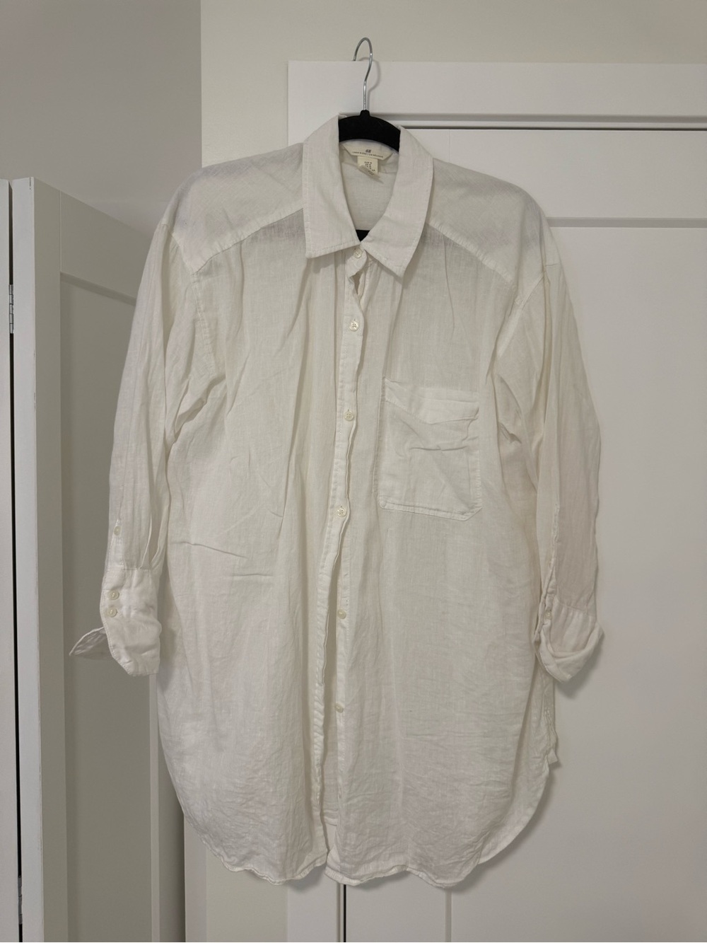 H&M White Linen Long-Sleeve Casual Button-Down Shirt